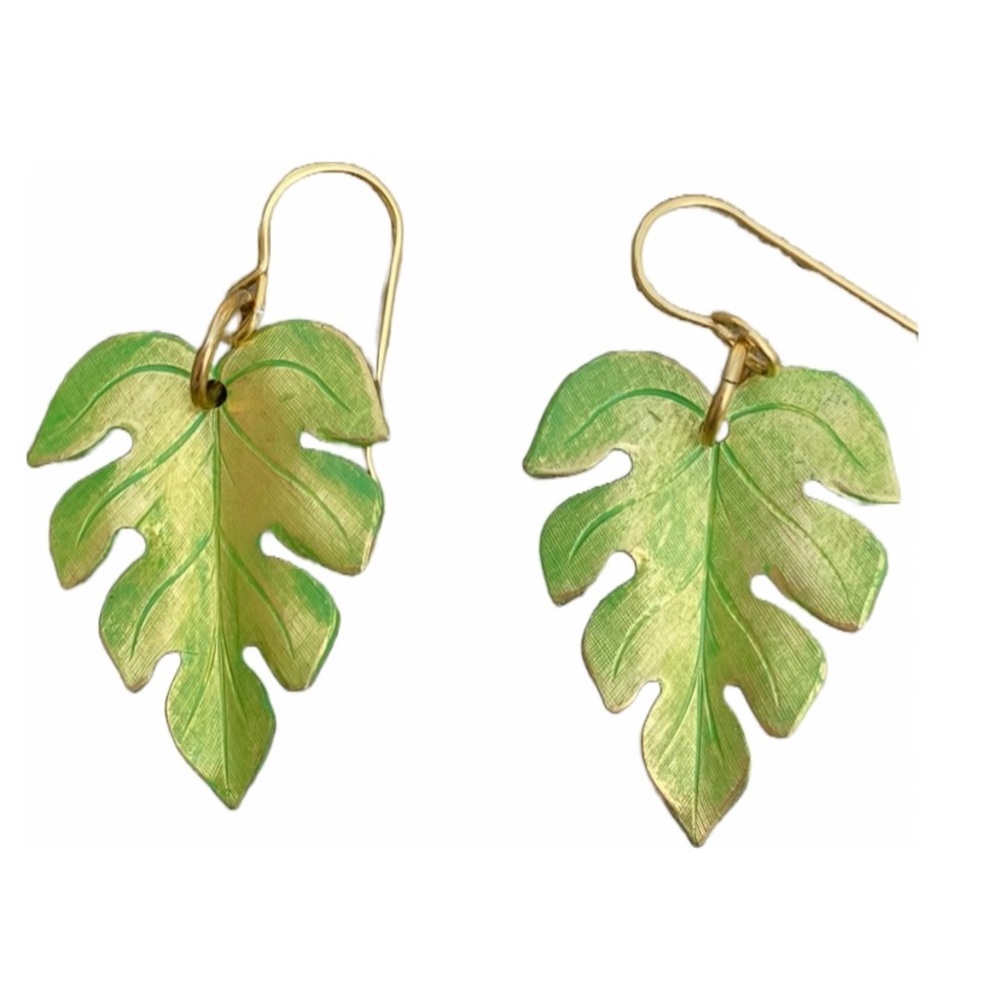 Earrings Green Leaf metallic. Handmade
